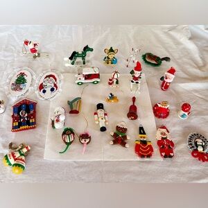 Lot of 27 Vintage mostly handmade Christmas ornaments. Needlepoint/wood/dough